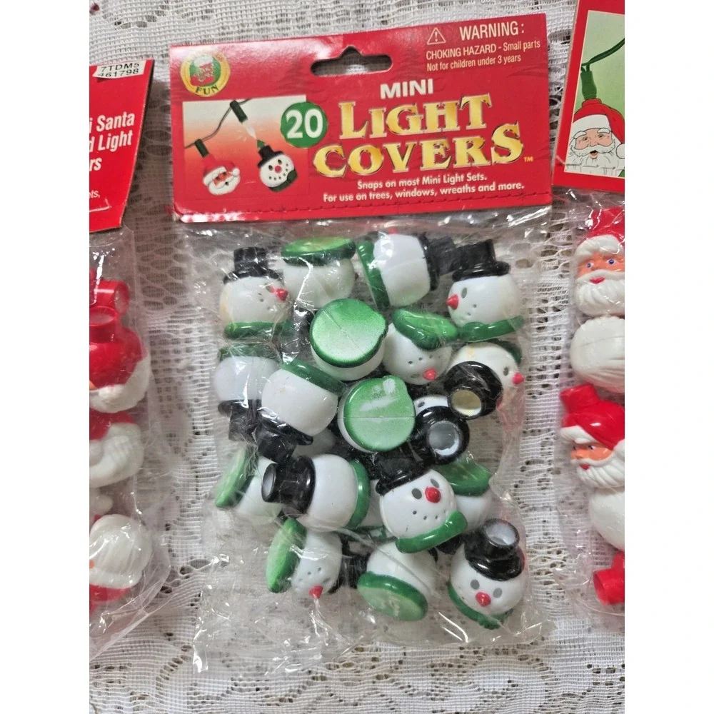 Mini Santa & Snowman Light Covers Christmas Decoration Snap Lot Of 3 NOS Vintage